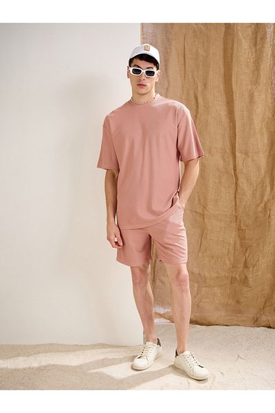 Mascln Sassafras By Styli Men Pink Waffle Textured Oversized T-Shirt and Shorts Co-Ords
