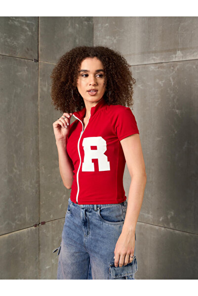 Sassafras By Styli Red Front Zipper Initial Print Fitted T-Shirt