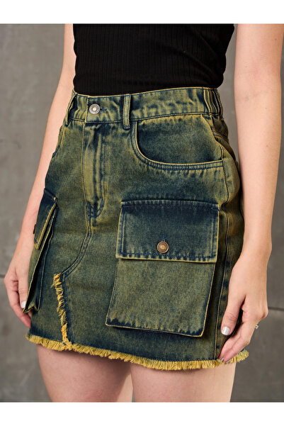 Sassafras By Styli Women Green Washed Denim A-Line Mini Skirt with Fringe Detail