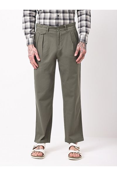 British Club By Styli Men Green Double-Pleated Straight Fit Trousers