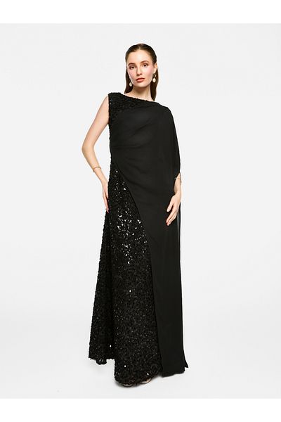 House of Moda By Styli Sequin Embroidered One Cape Sleeve Maxi Dress