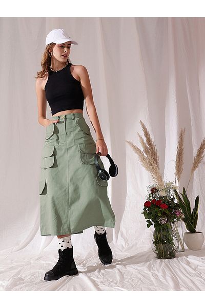 STREET 9 By Styli Pure Cotton Straight Midi Skirt with Pockets Detail