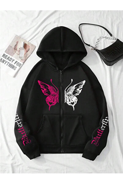Framgan Unisex Kadın/Erkek Y2k Kelebek Baskılı Pamuklu Oversize Kapüşonlu Hırka