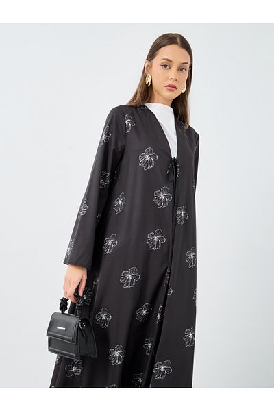 Styli Women Black Front Tie-Up Abaya with All Over Floral Print