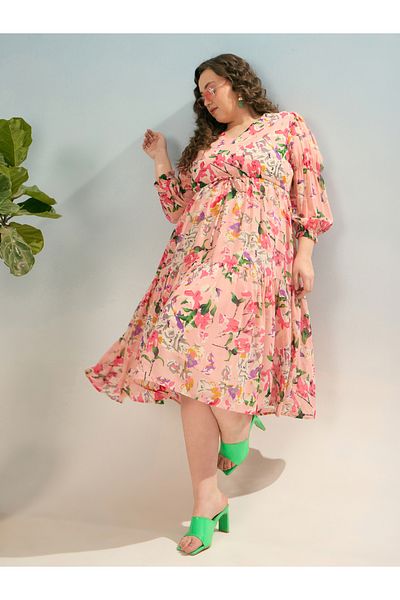 Sassafras By Styli Plus V Neck Midi Dress with Floral Print