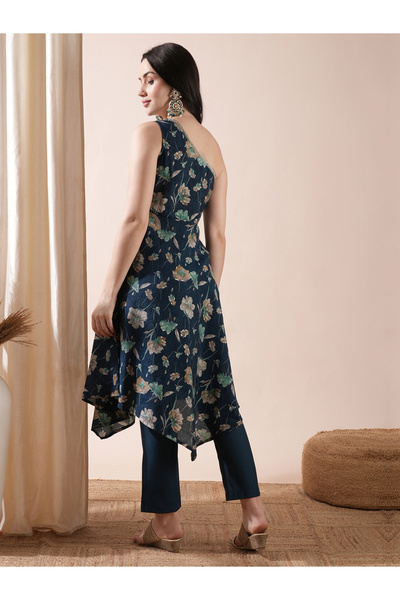 Globus By Styli Floral Print One Shoulder Asymmetric Hem A-Line Kurta and Pants Co-Ords