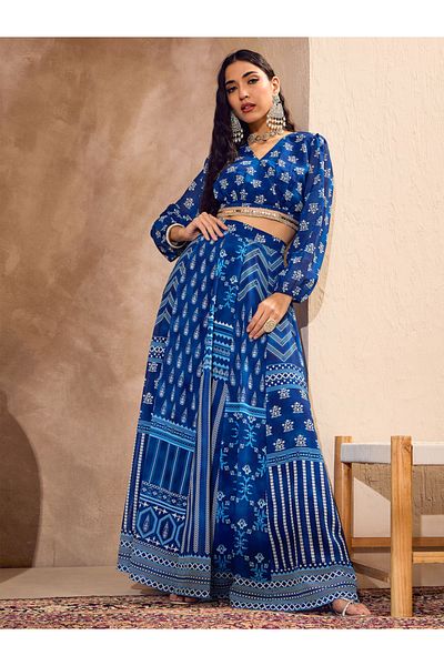 Sassafras By Styli Blue Floral Print Wrap Crop Top with Anarkali Skirt Co-Ords