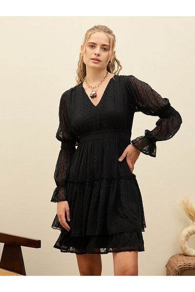 Sassafras By Styli Black Dobby V Neck Mini Dress
