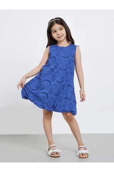 Styli Girls Blue Schiffli Sleeveless Dress with Balloon Hem