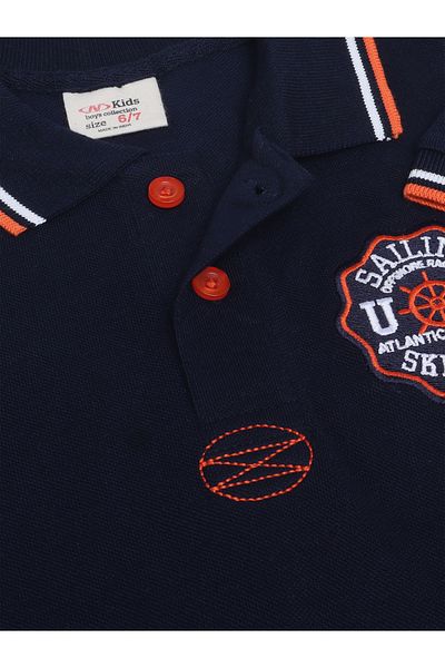Victor and Jane By Styli Boys Navy Blue Embroidered Detail Short Sleeve Polo T-Shirt