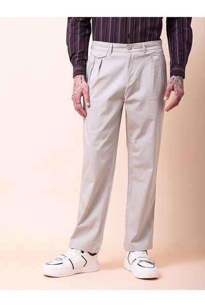 British Club By Styli Men Cream Double-Pleated Straight Fit Trousers