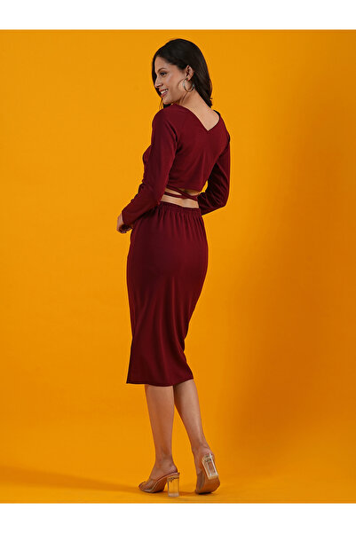 Globus By Styli Women Maroon Tie-Up Wrap Crop Top and Skirt Co-Ords