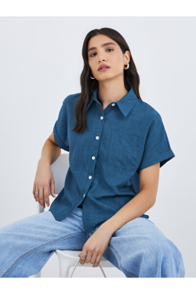 Styli Blue Linen Look Short Sleeve Shirt