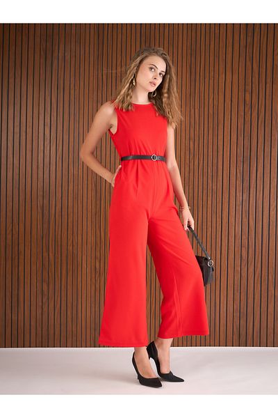 Sassafras By Styli Red Straight Leg Belted Jumpsuit