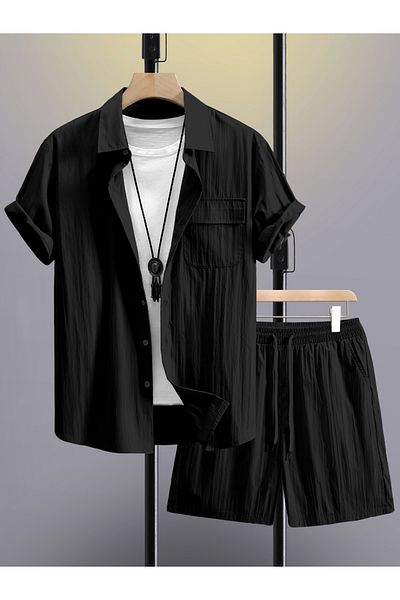 Styli Men Black Solid Pocket Detail Shirt and Shorts Co-Ords