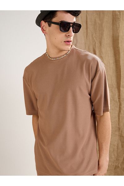 Mascln Sassafras By Styli Men Brown Waffle Textured Short Sleeve Oversized T-Shirt
