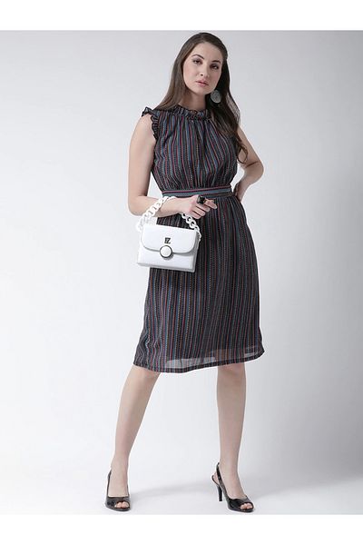 Kassually By Styli Striped Sleeveless Ruffled Detail Knee-Length Dress