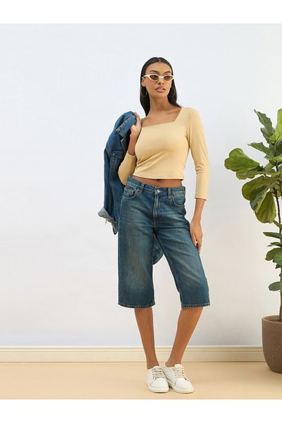 Sassafras By Styli Beige Square Neck Knitted Crop Top