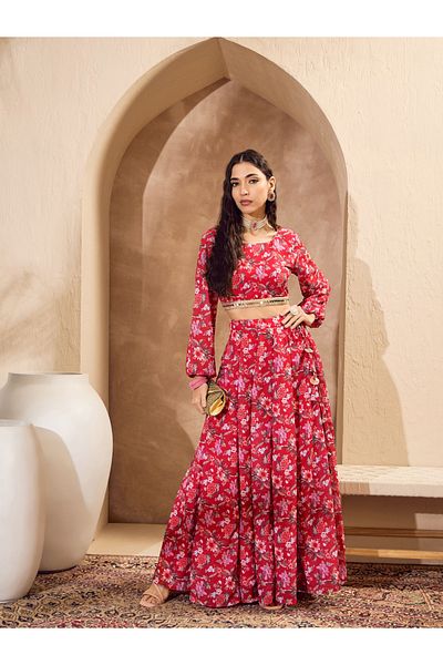 Sassafras By Styli Red Floral Print Round Neck Crop Top with Anarkali Skirt Co-Ords