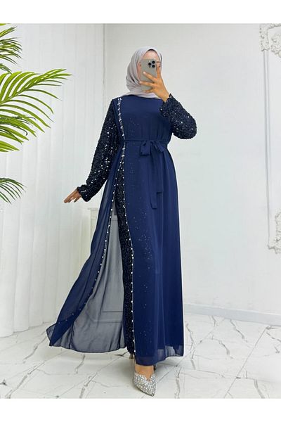Modamorfo Chiffon Evening Dress with Sequin Belt on Sleeves -Laci