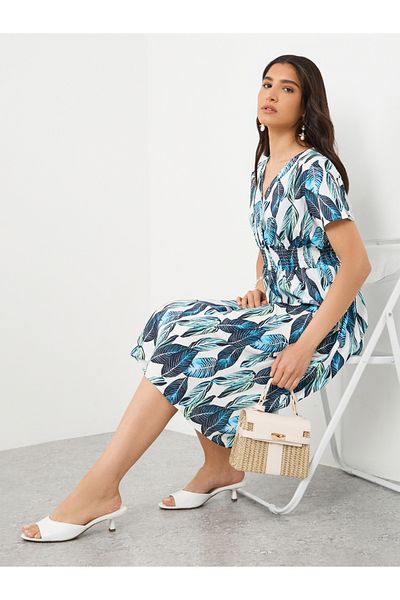 Styli All-Over Print V-Neck Smocking Detail Midi Dress