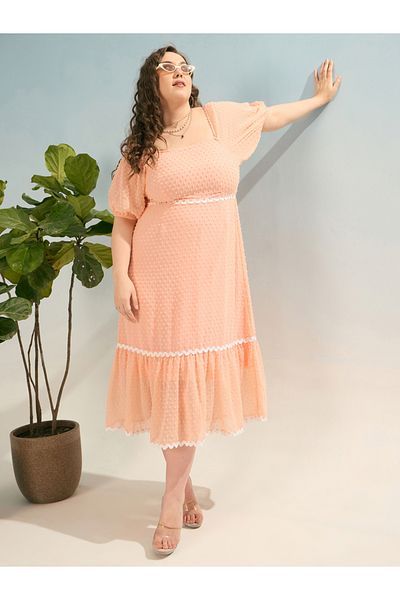 Sassafras By Styli Plus Peach Dobby Smocked Midi Dress