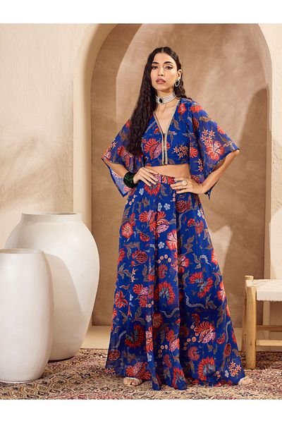 Sassafras By Styli Blue Floral Print V-Neck Crop Top with Anarkali Skirt Co-Ords
