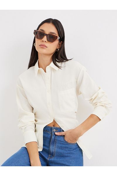 Styli Beige High-Low Hem Plain Collared Shirt