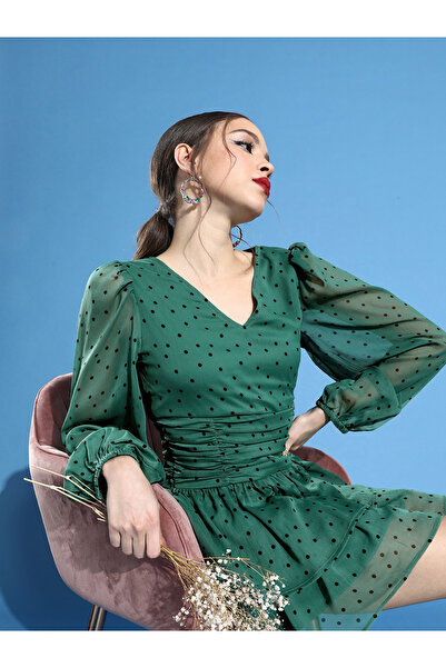 STREET 9 By Styli فستان قصير منقط باللون الأخضر