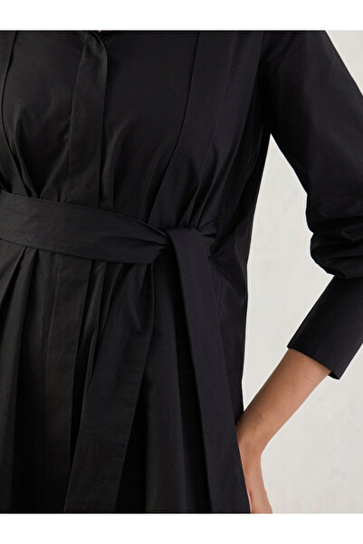 Styli Black Solid Poplin Pleated Shirt Mini Dress with Belted Detail