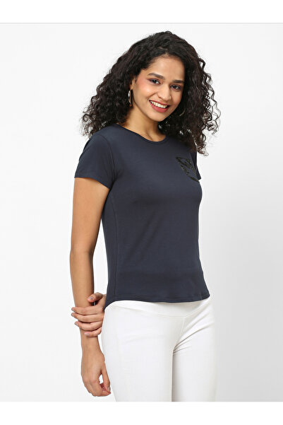 Mish By Styli Women Navy Blue Embellished Detail Short Sleeve T-Shirt