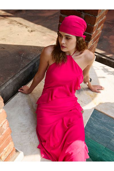 Sassafras By Styli Pink Solid Frill Halter Neck Midi Dress