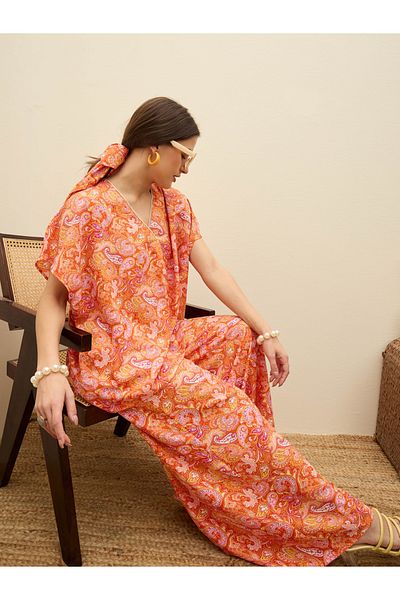 Sassafras By Styli Paisley Print V Neck Top and Flared Pants Co-Ords