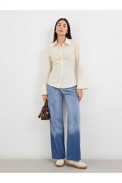 Styli Cream Gathered Shirt with Bell Sleeve