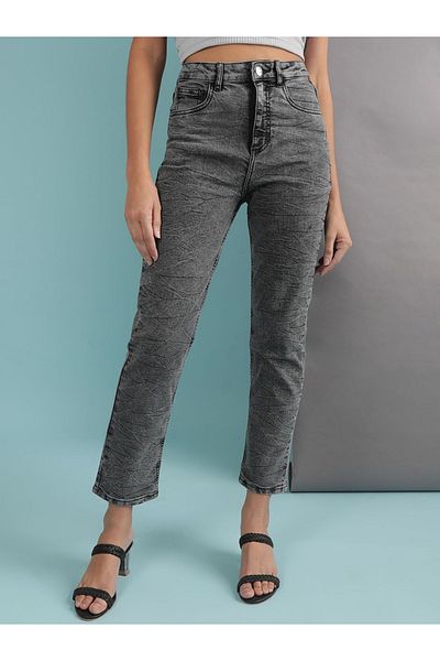 Freehand By Styli Women Grey Straight Fit Acid Washed Jeans