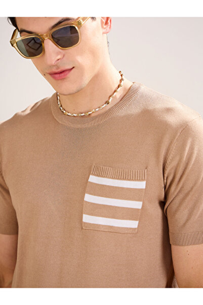 Mascln Sassafras By Styli Beige Premium Knit Contrast Pocket T-Shirt