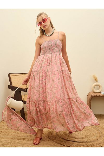 Sassafras By Styli Pink All Over Print Strappy Smocked Maxi Dress