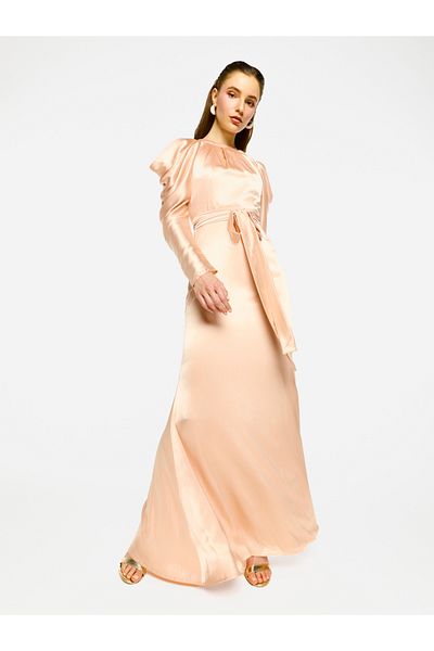 House of Moda By Styli Pleated Neckline Cold Shoulder Tie-Up Waist Maxi Dress