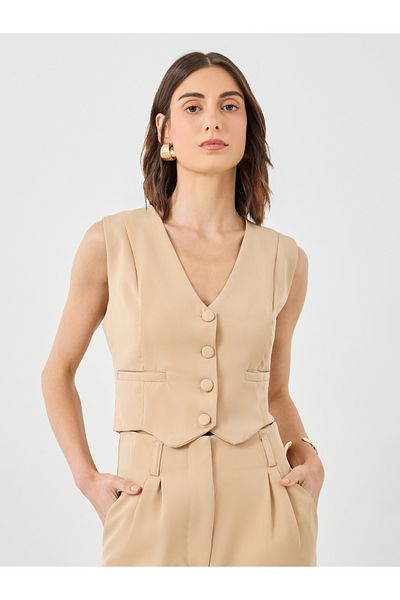 Styli Solid Button Front Waistcoat and Pants Co-Ords