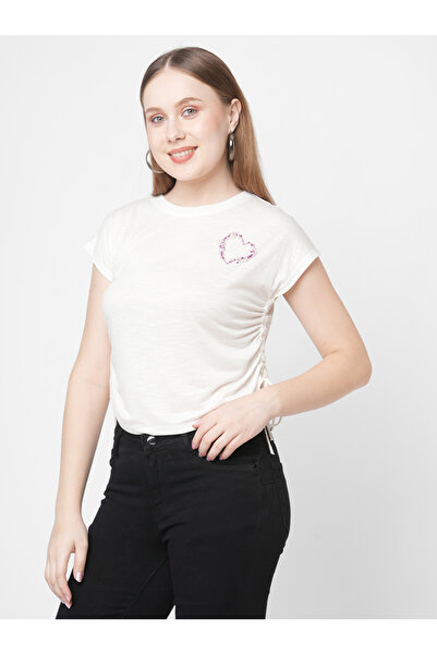 Mish By Styli Women White Embellished Heart Detail Side Drawstring T-Shirt