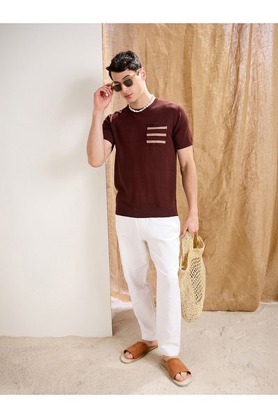 Mascln Sassafras By Styli Brown Premium Knit Contrast Pocket T-Shirt