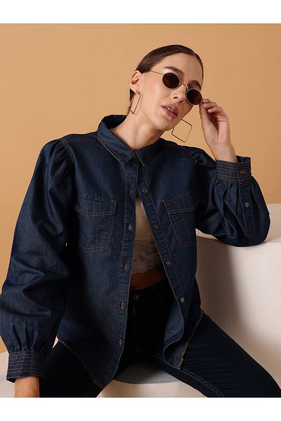 STREET 9 By Styli Women Blue Denim Casual Shirt with Pockets