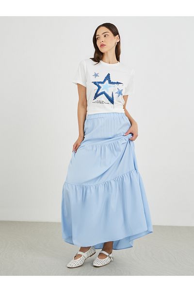 Styli Blue Tiered Maxi Skirt with Elastic Waist