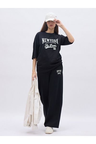 Styli Black NY Print Oversized T-Shirt and Wide Leg Joggers Co-Ords