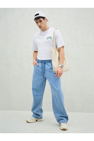 Mascln Sassafras By Styli Men Blue Mid Rise Washed Knee Dart Wide Leg Jeans