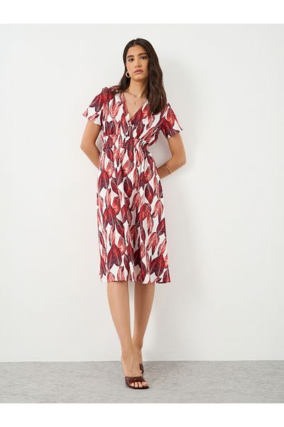 Styli All-Over Print V-Neck Smocking Detail Midi Dress
