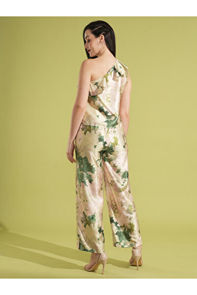 Globus By Styli Satin Floral Print Ruffled Top and Trousers Co-Ords