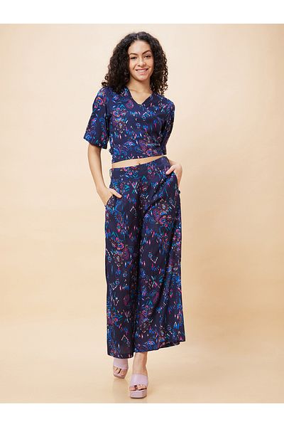Globus By Styli Women Blue Paisley Print Crop Top and Flared Palazzos Co-Ords