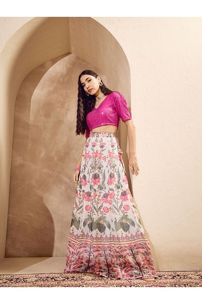 Sassafras By Styli Pink Sequins Crop Top with Floral Anarkali Skirt Co-Ords