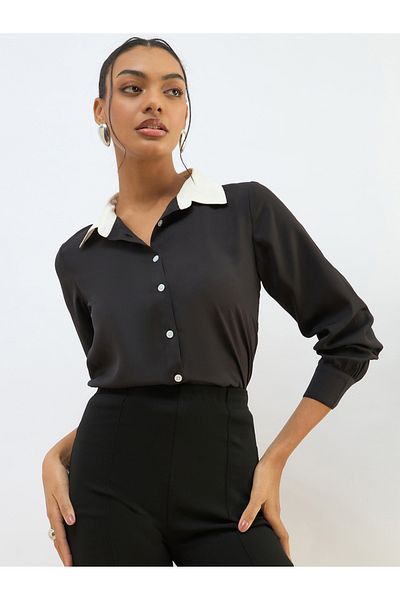Sassafras By Styli Black Contrast Collar Regular Fit Buttoned Shirt
